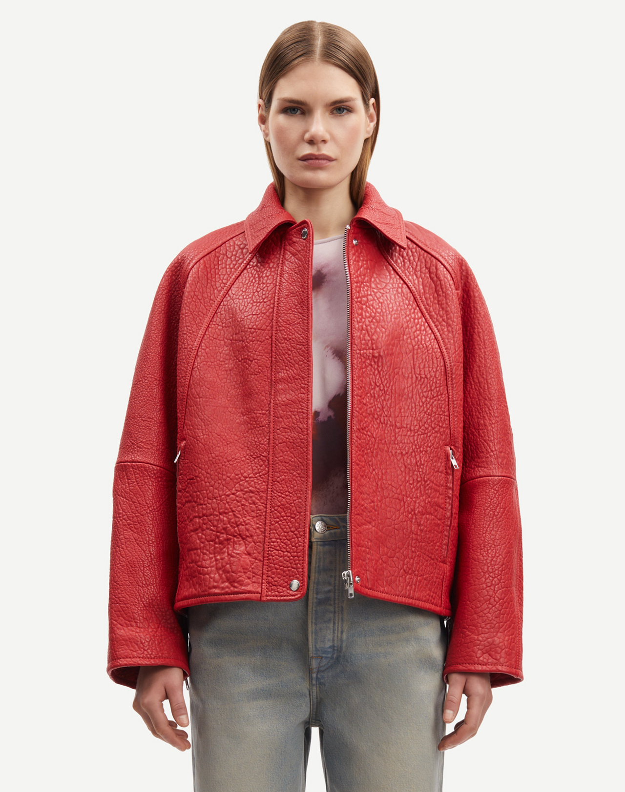 Samsoe Samsoe Sanok Lederjacke in Rot, Ansicht Frontal